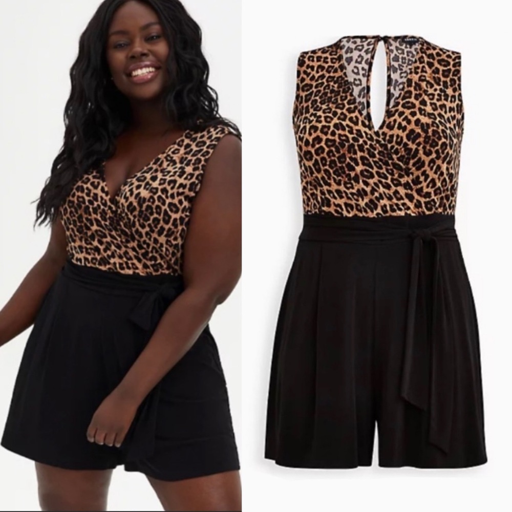 TORRID BLACK & LEOPARD STUDIO KNIT SURPLICE ROMPER